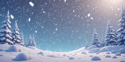 The primary subject of the image is a snowy landscape with a night sky background. The setting includes a snow-covered field with trees in the background. The visual style of the image is a digital art or illustration, creating a serene and peaceful atmosphere. The dominant colors in the scene are white and blue, with the snow and sky providing a calming effect.